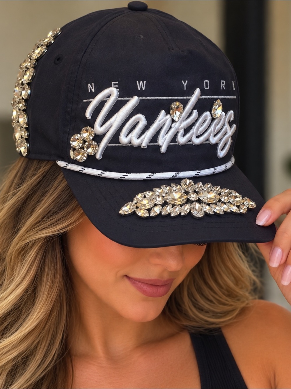 Upcycled New York Yankees Black Crystal Embellished adjustable  Baseball Cap